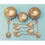 A set of six Oriental silver teaspoons with Chinese character terminals, marked '900 Silver', two
