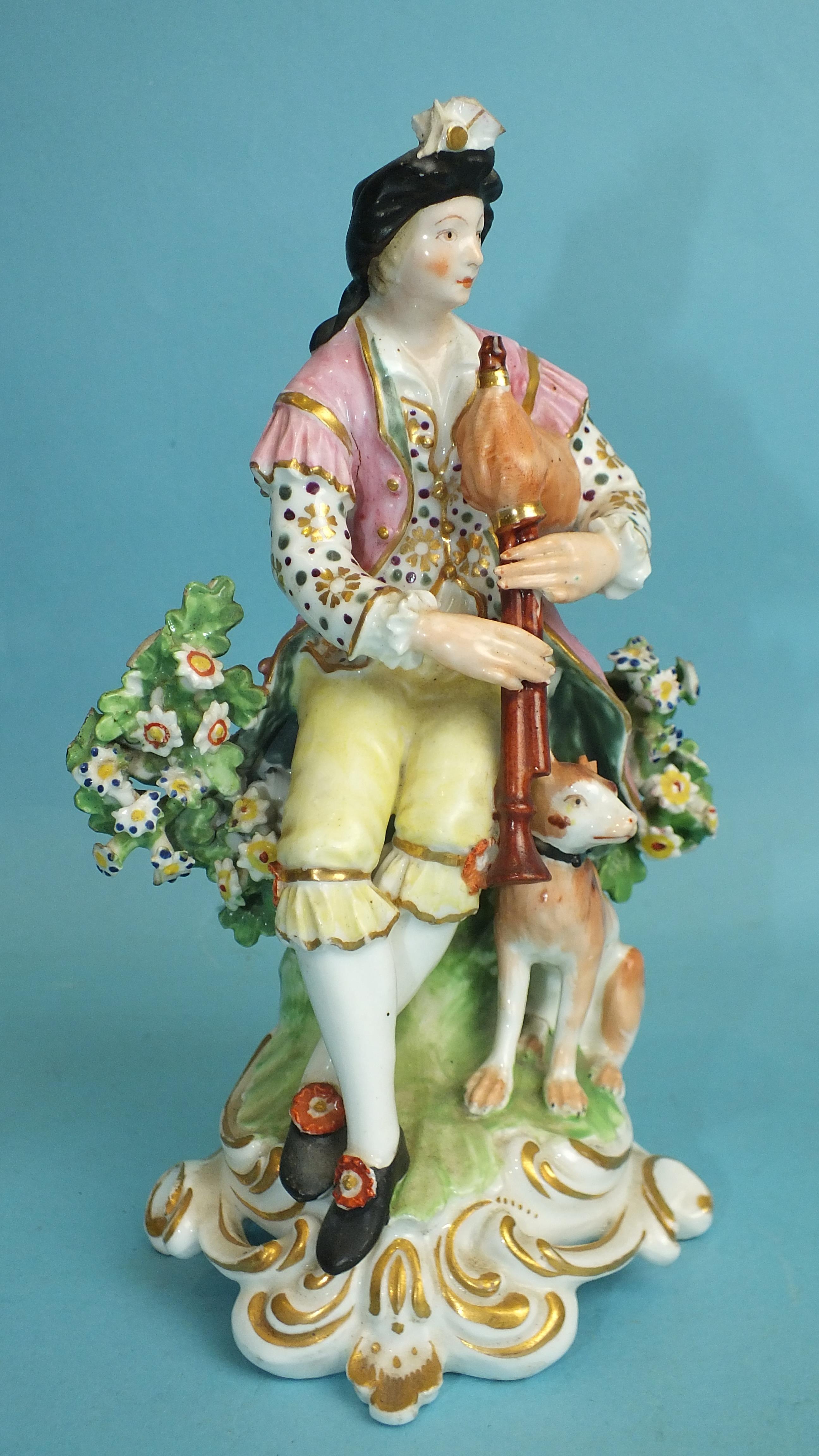 An early-19th century Derby porcelain figure of a seated gentleman playing pipes, 18cm high and a - Image 5 of 9