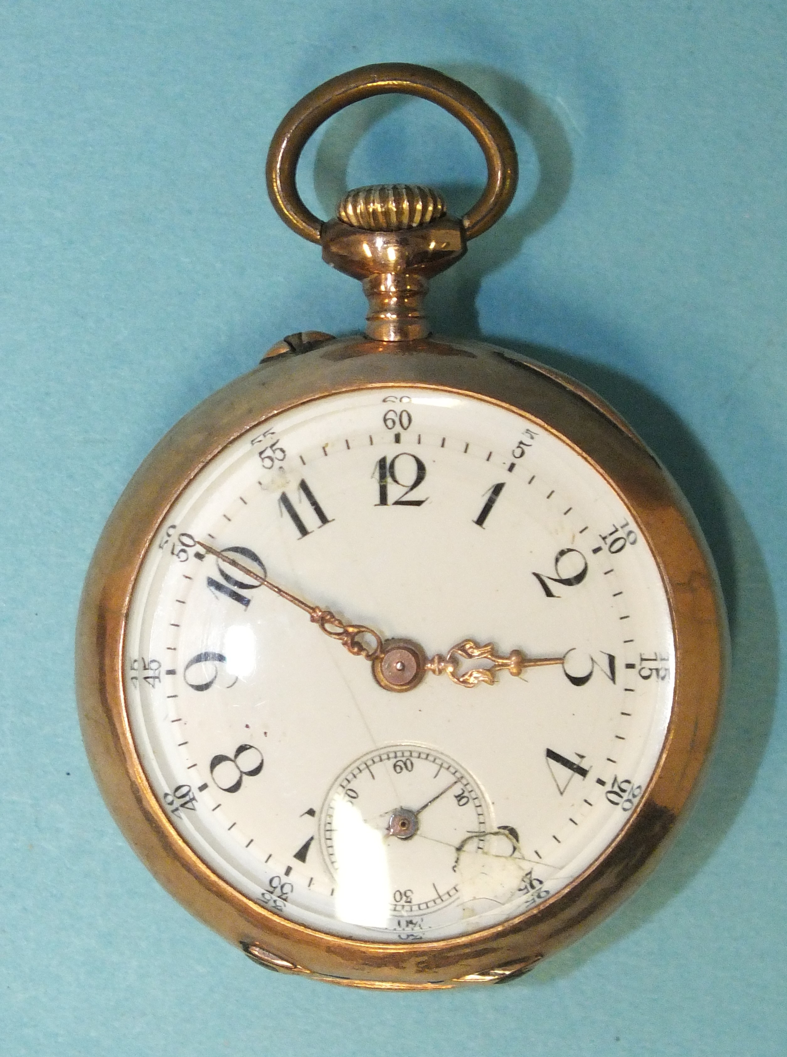 A lady's small Continental 14ct rose gold-cased pocket watch, dial cracked and repaired, (