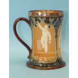 A Doulton Lambeth stoneware silver-rimmed cricket tankard decorated with three figures in relief -