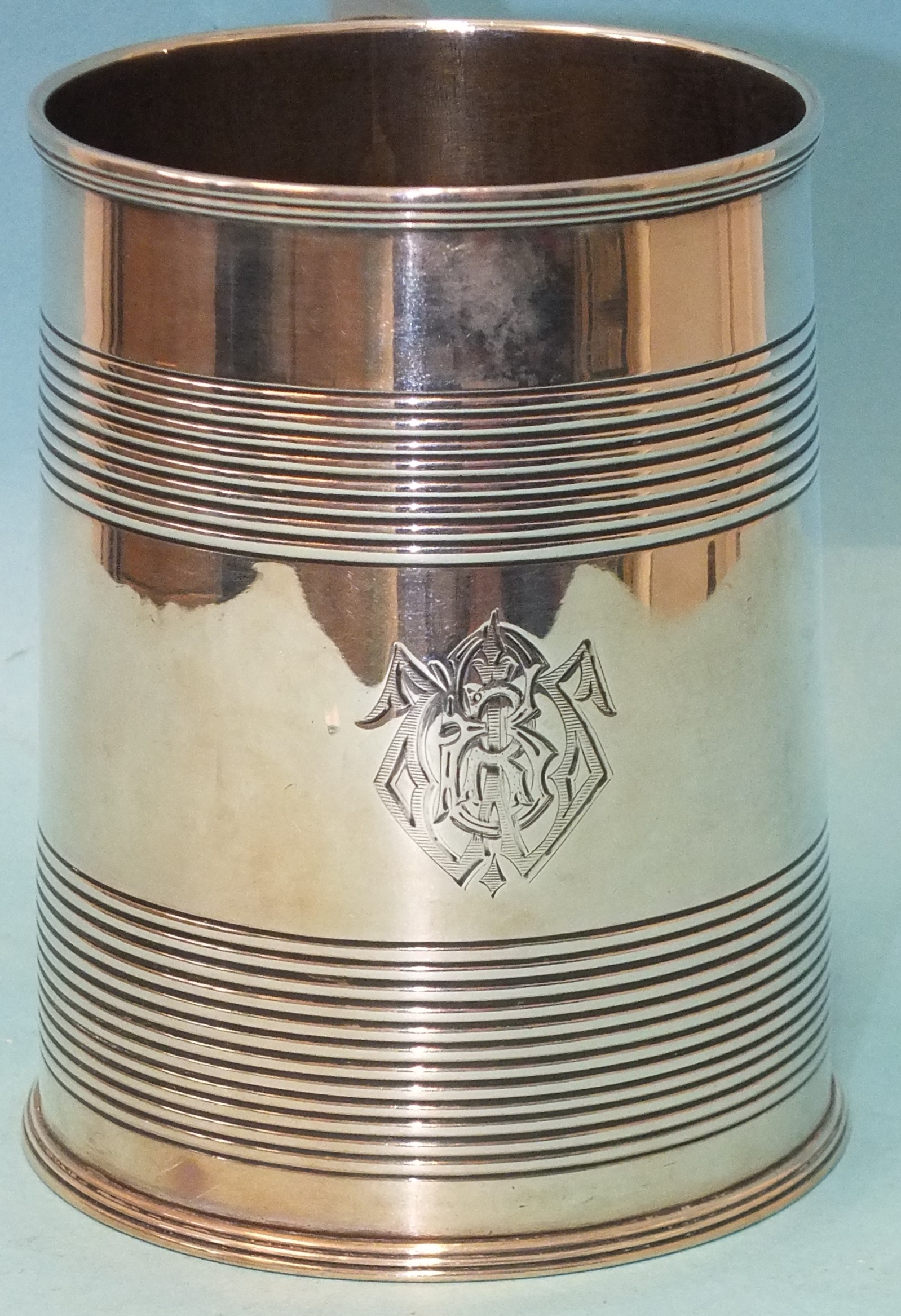 A George III silver tankard of tapered cylindrical form, with reeded bands, monogrammed, maker James - Image 2 of 2