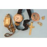 Two 9ct-gold-cased wrist watches, a 9ct gold 'City Commercial College' badge, a cross pendant and