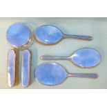 A Mappin & Webb enamelled silver dressing table set, comprising mirror, (loss of enamel to