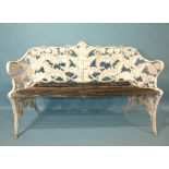 A cast alloy Coalbrookedale-style fern pattern garden bench, (the wooden slatted seat in need of