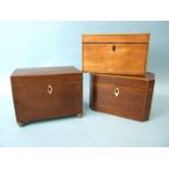 A satinwood two-division tea caddy, 20cm wide and two other hardwood tea caddies, (3).