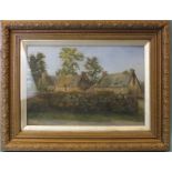 Late-19th/early-20th century GROUP OF THREE THATCHED COTTAGES BEHIND A STONE WALL Unsigned oil on