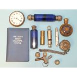 A blue glass double-ended scent bottle, (a/f), an Octo eight-day dashboard clock, (dial cracked) and
