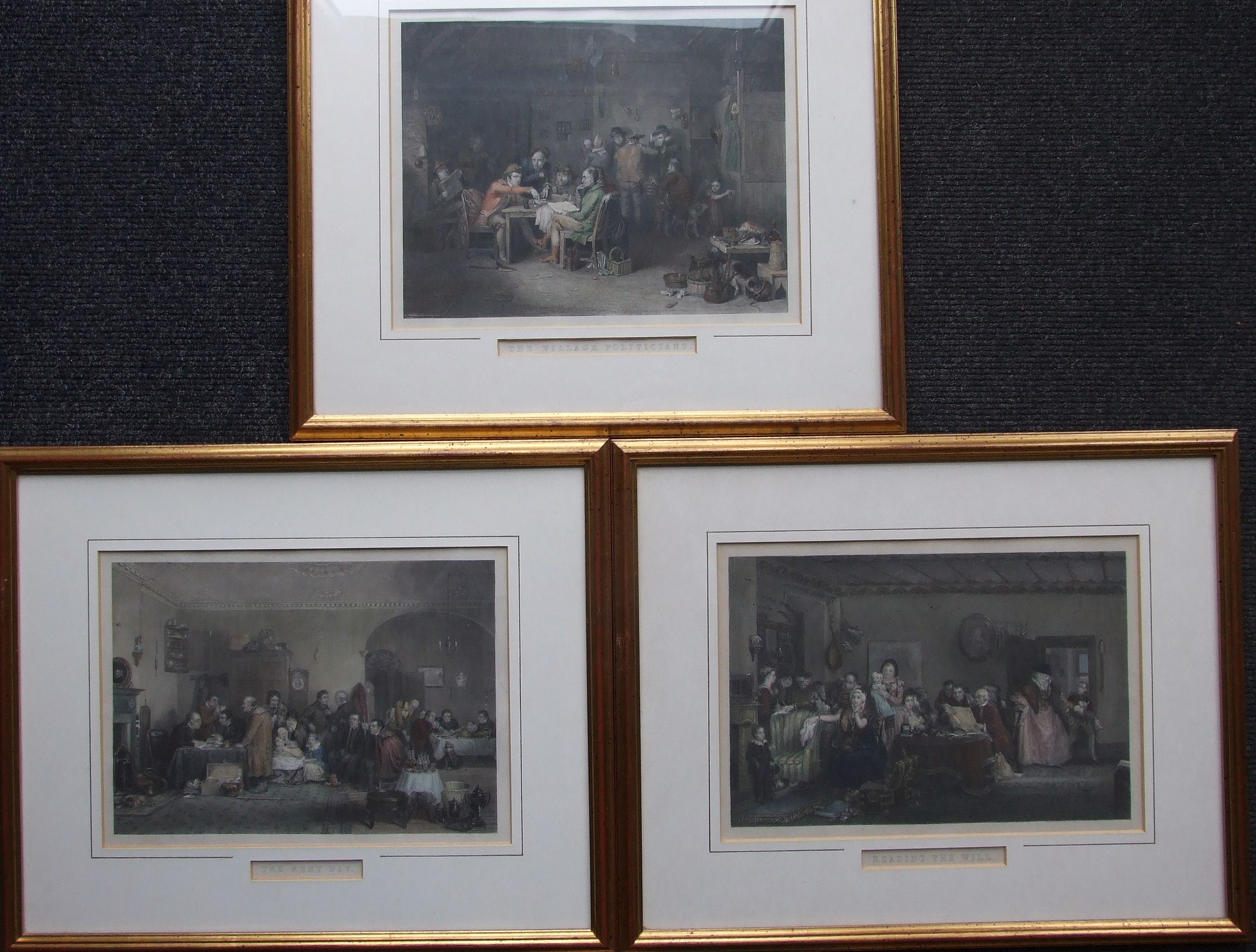 Three hand-coloured engravings: 'Reading The Will', 'The Rent Day' and 'The Village Politicians', 18