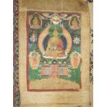 An early-20th century Tibetan painted cloth scroll depicting deities within a tree of life design,