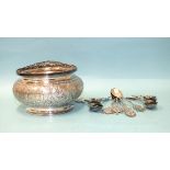 A Malaysian silver rose bowl embossed with twelve crests of Malaysian states, with cover, 12cm