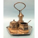 A Middle Eastern white metal three-piece cruet on hexagonal stand, with niello scenes of camels,