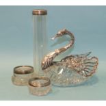 A silver-mounted cut-glass novelty bonbon dish in the form of a swan, with articulated wings,