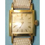 Omega, a lady's late-1950's 18ct gold-cased wrist watch, the square silvered dial with baton