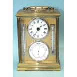 A French gilt brass compendium carriage clock, the moulded edge case inset with a silvered compass