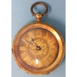 A Continental 18ct-gold-cased open face key-wind pocket watch, with gilt dial, Roman numerals, metal