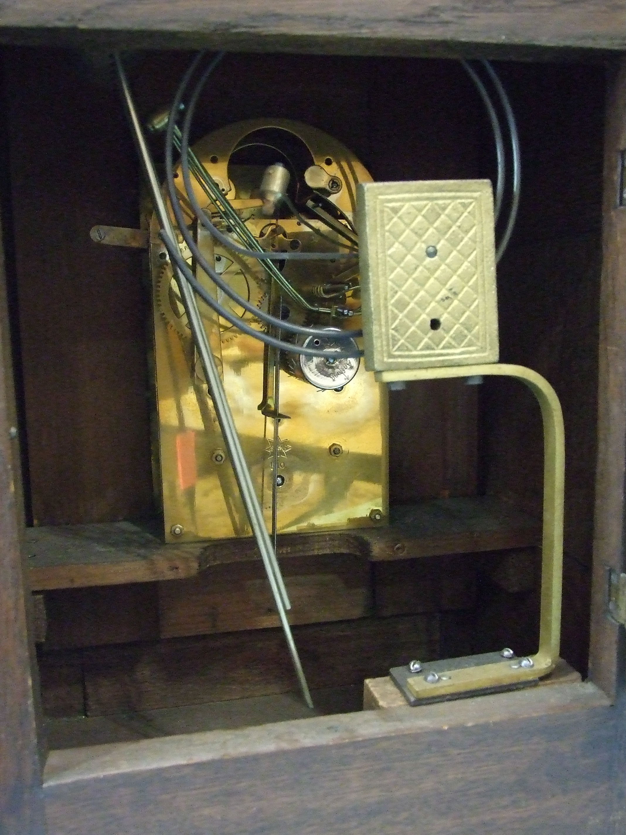 An Edwardian carved oak bracket clock, the arched gilt brass dial with silvered chapter ring, slow/ - Image 3 of 3