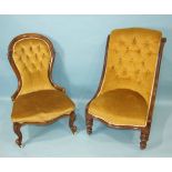 A Victorian mahogany low salon chair with buttoned back and serpentine seat, on carved and turned