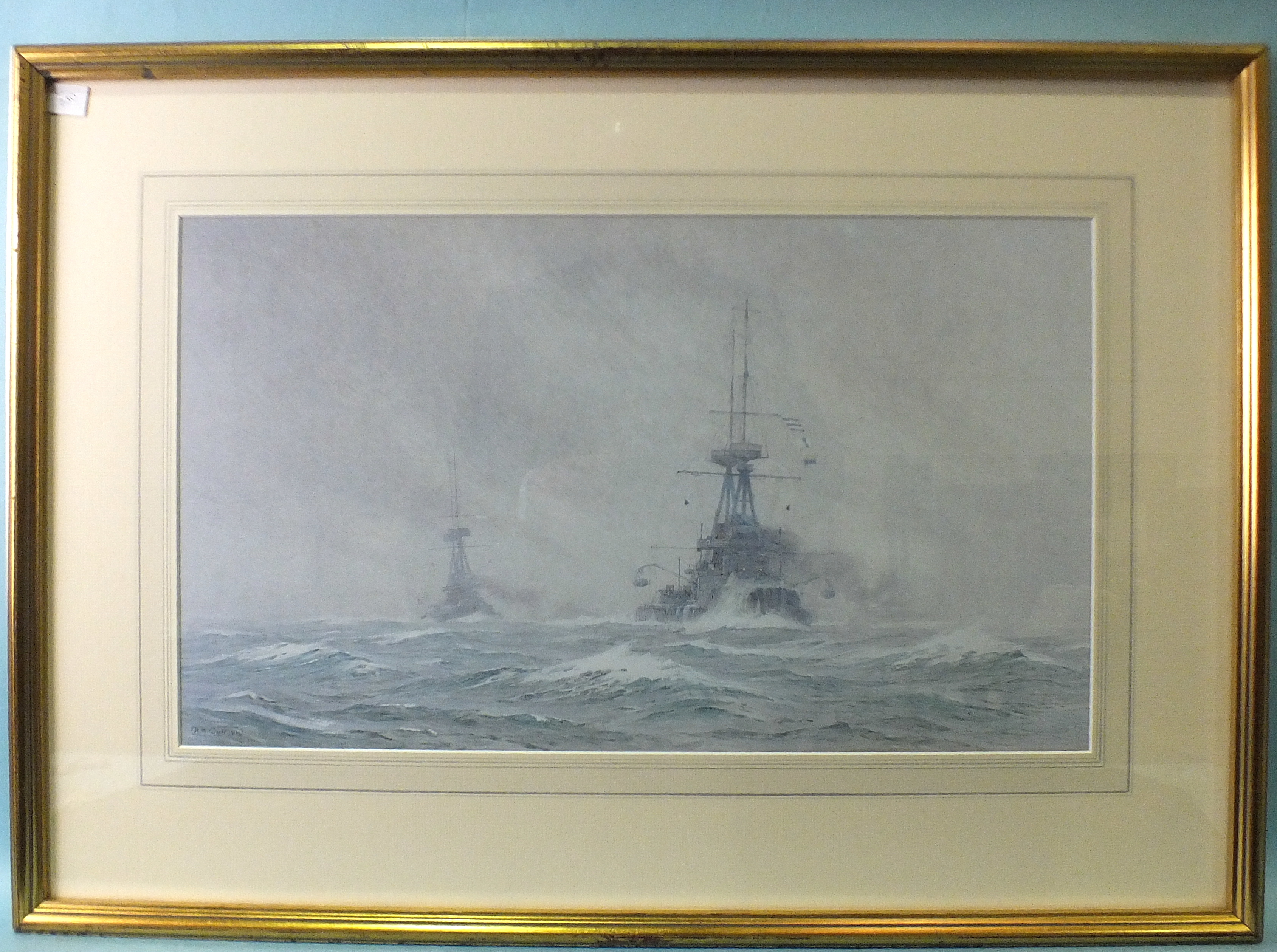 After A B Cull, 'Two warships at sea', a framed, limited-edition coloured lithograph, 34 x 59cm.