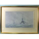 After A B Cull, 'Two warships at sea', a framed, limited-edition coloured lithograph, 34 x 59cm.