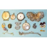 An 800-silver filigree butterfly brooch, 7cm wide, a miniature pickelhaube pendant and other items.