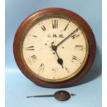 A GWR mahogany-cased wall clock, the white-painted dial with Roman numerals, 45cm diameter, the