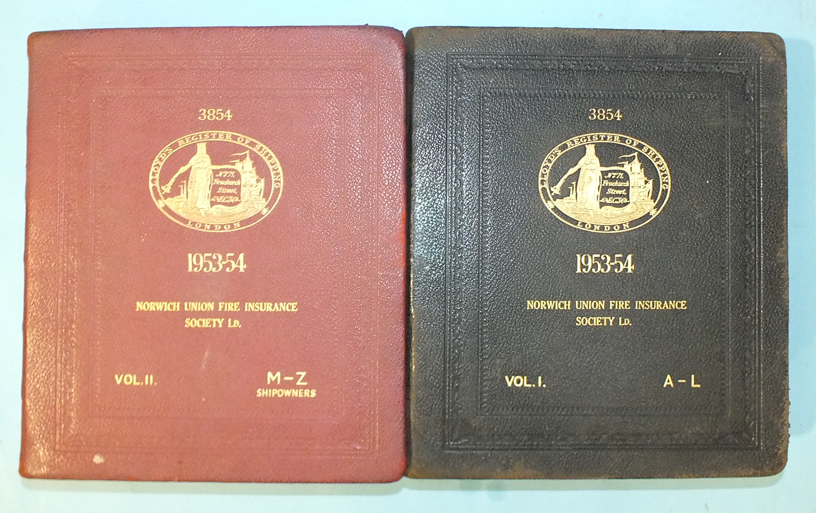 Lloyds Register of Shipping 1953-54, 2 vols, mor gt, 4to, for Norwich Union Fire Insurance Society