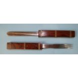 A mid/late-19th century military campaign combination steel knife and fork, within rosewood case,