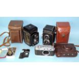 An Airesflex TLR camera with case, a Yashic-A TLR (a/f), cased and a Zorki camera body, with case.