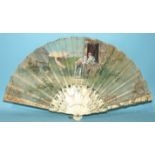 A late-19th century folding fan, the bone sticks and guards applied with mother-of-pearl and gilt
