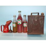 A vintage Pratts petrol can, an Esso pint oil can, a glass Castrol XXL 40 bottle, a glass Castrol XL