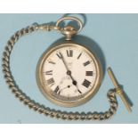 A GWR railway keyless pocket watch, the white enamel dial with Roman numerals and seconds
