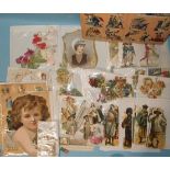A large quantity of mainly-unused Victorian decoupage scraps and a scrap book.