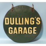 A vintage two-sided circular metal sign DULLINGS GARAGE, 60.5cm diameter.