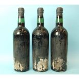 Vintage Port, unlabelled, three bottles, levels mid to low-neck, one capsule damaged and marked