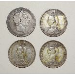 A George III 1820 crown and three Victoria double-florins: 1887, 1889, 1890, (4).