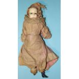 A Victorian wax-over composition doll with inset blue eyes, stuffed body and composition lower