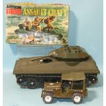 A Palitoy Action Man Assault Craft, boxed, a scorpion tank (no box) and a Tonka US jeep, (3).