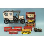 A Jan Blenken of Nuremberg metal vintage car model, four Corgi models of buses and other models.