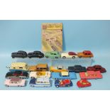 Dinky, nine cars, including: 157 Jaguar (grey/yellow), 167 A C Aceca (maroon/cream), 154 Hillman