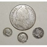 A George III silver 1863 Maundy twopence and threepence, a George V 1917 threepence and a William