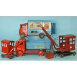 Triang large-scale tinplate toys: a transport van no. 200, a truck and two cranes, (4).