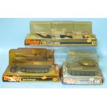 Dinky Toys, 671 Mk1 Corvette, 690 Scorpion Tank and 694 Tank Destroyer, all in bubble packaging.