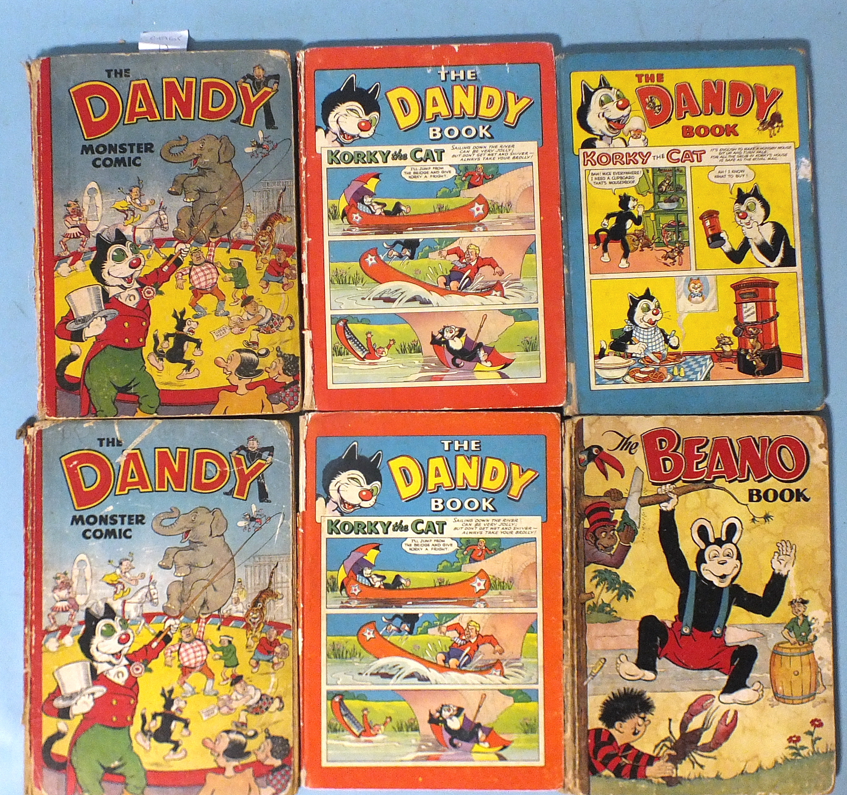 The Dandy Monster Comic for 1951, two copies, "Belongs To" filled in, poor condition, The Dandy Book