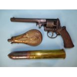 A replica percussion pistol, a copper embossed powder flask and a 2'' artillery shell dated 1942, (