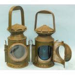 A WW military green-painted three-aspect railway lamp with applied label, stamped Wakefields,