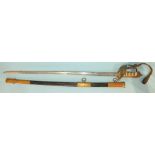 An 1827 pattern naval officer's sword and scabbard, the 79cm blade with etched decoration, the guard