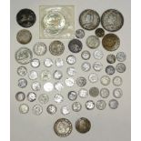 A Victoria 1887 crown, an 1888 half-crown, pre-1920 and 1947 silver threepences and other coinage.