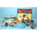 A Sutcliffe c/w Tiger speedboat, boxed, a "Frustration" game, boxed and other items.