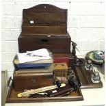 A walnut jewellery box, (no tray), 24.5cm wide, two other boxes, an oak pen and ink stand, an oak