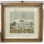 A late-19th/early-20th century wool-work picture of a church and graveyard, in maple frame, 24.5 x